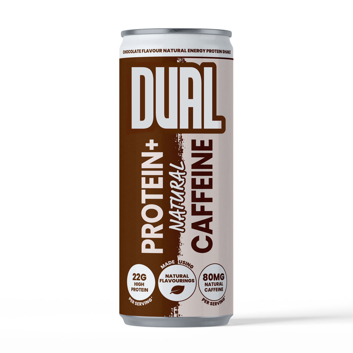 A single can of Dual Protein+ Caffeine natural flavouring protein drink on a clean white background. The can features a brown and white label with bold text and circular icons indicating high protein and caffeine content.