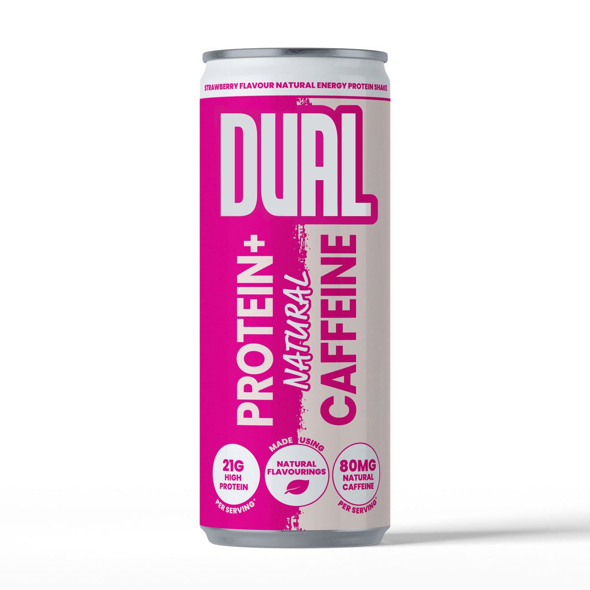 A single can of Dual Protein+ Caffeine drink, strawberry flavour, shown on a clean white background. The can features a bright magenta-pink label with bold white text and silver metallic sides.